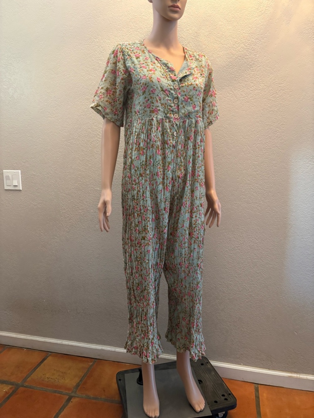 Light Green and pink roses COTTON Floral Jumpsuit Romper